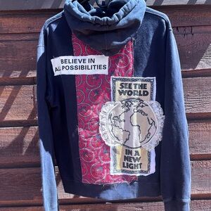 Navy Hoodie with Red Paisley Design Upcycled